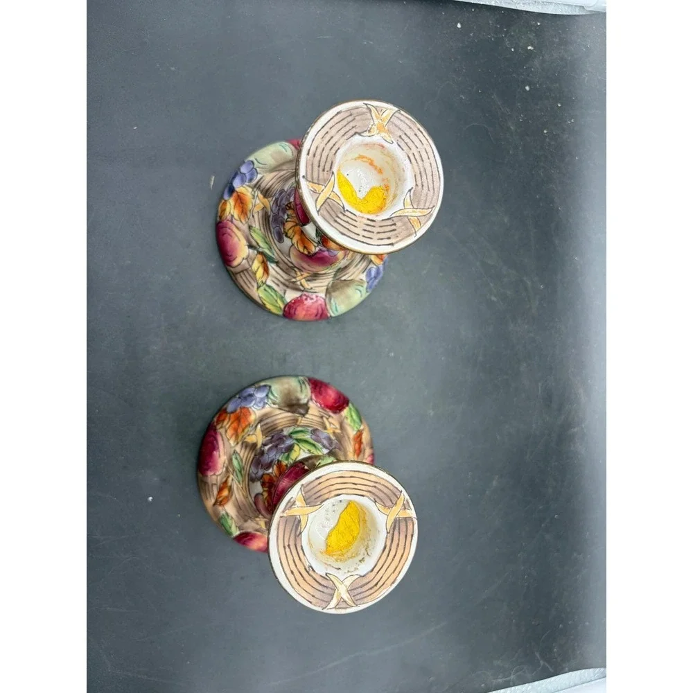 Vintage Ceramic Fruit Harvest Candlestick Holders Pair Hand‎ Painted Decorative